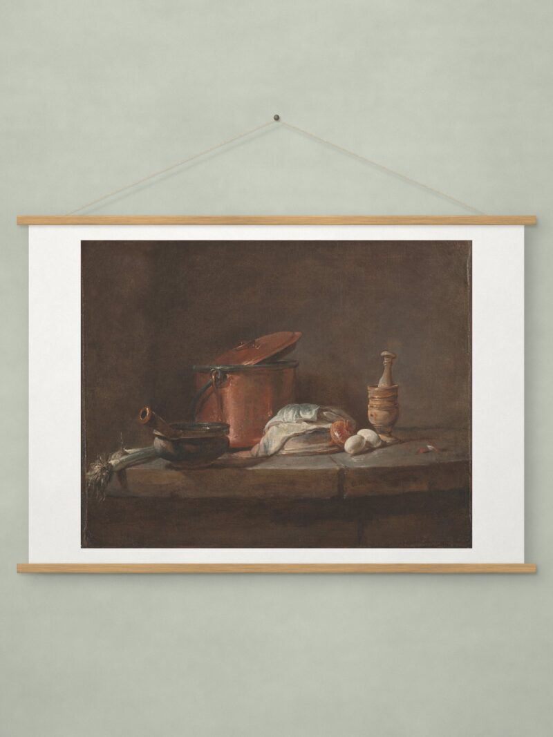 Kitchen Utensils with Leeks, Fish, and Eggs