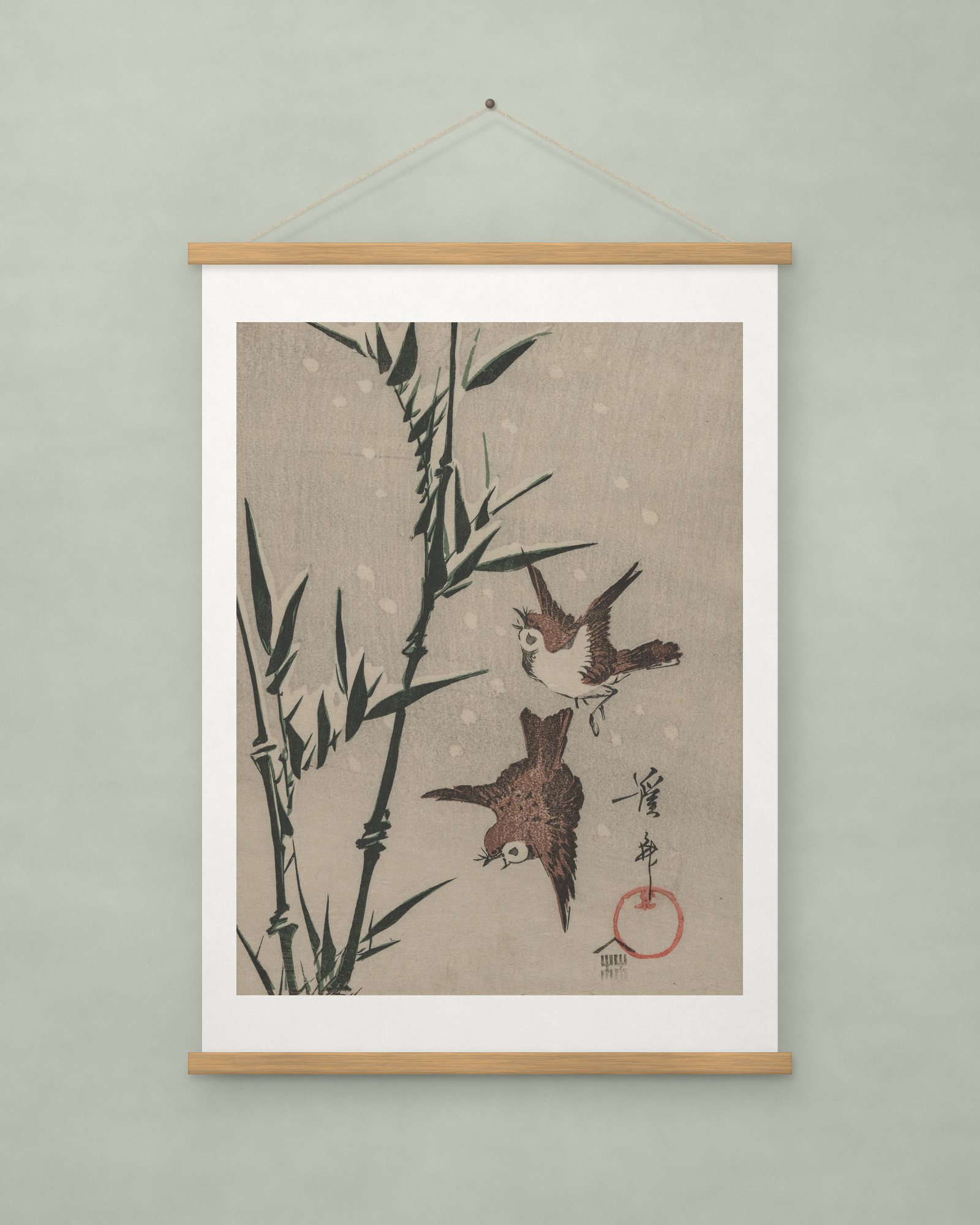 Sparrows, Bamboo and Falling Snow