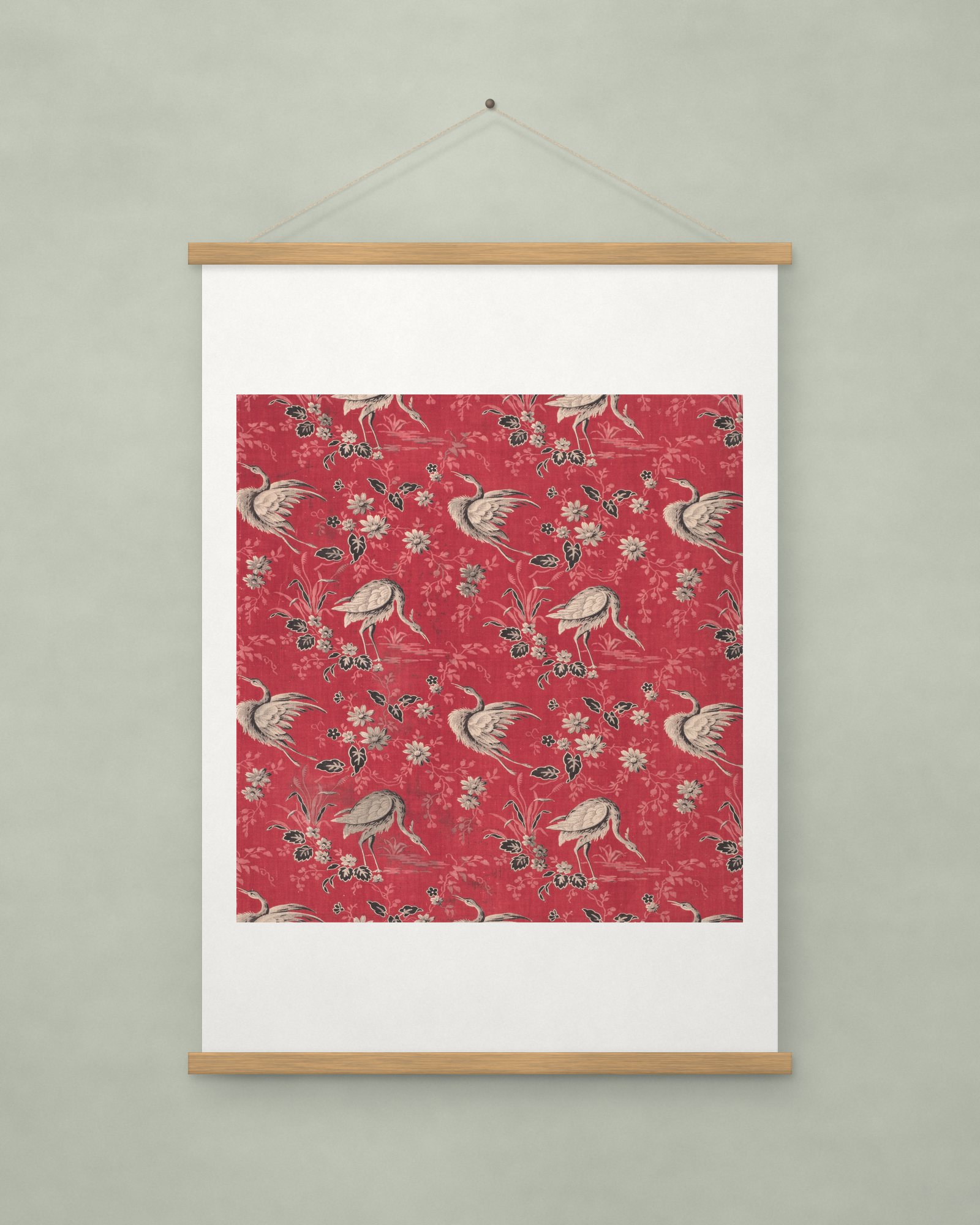 Roller-Printed Cotton with Heron and Flower Design